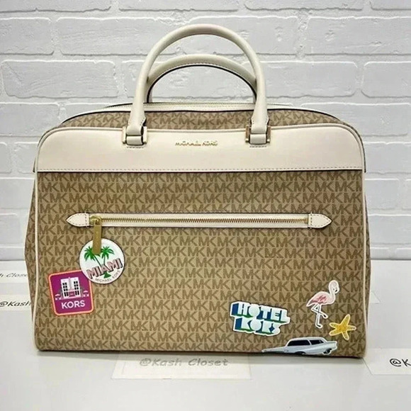 Michael Kors Weekender Travel Bag Top Zip Large Jet Set Girls Travel Light Cream - Picture 1 of 11